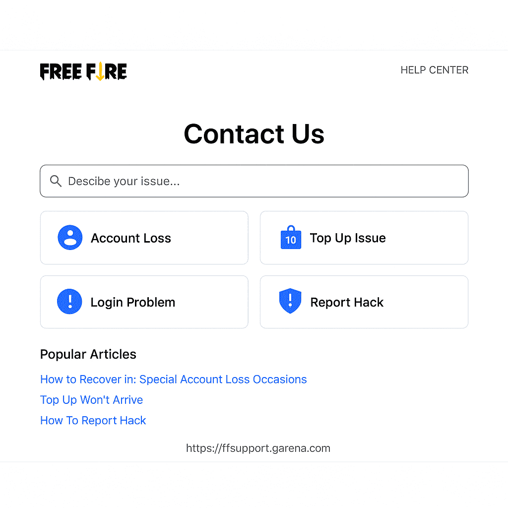 Free Fire Contact Us page with options to reach customer support for game issues, feedback, and account help.