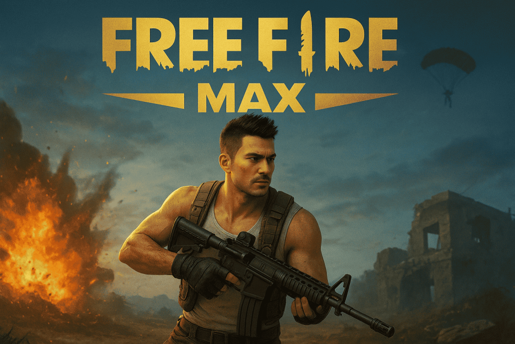 Free Fire Max promotional artwork showing a fighter with an assault rifle, HD graphics, fiery explosion, and golden Free Fire Max logo.