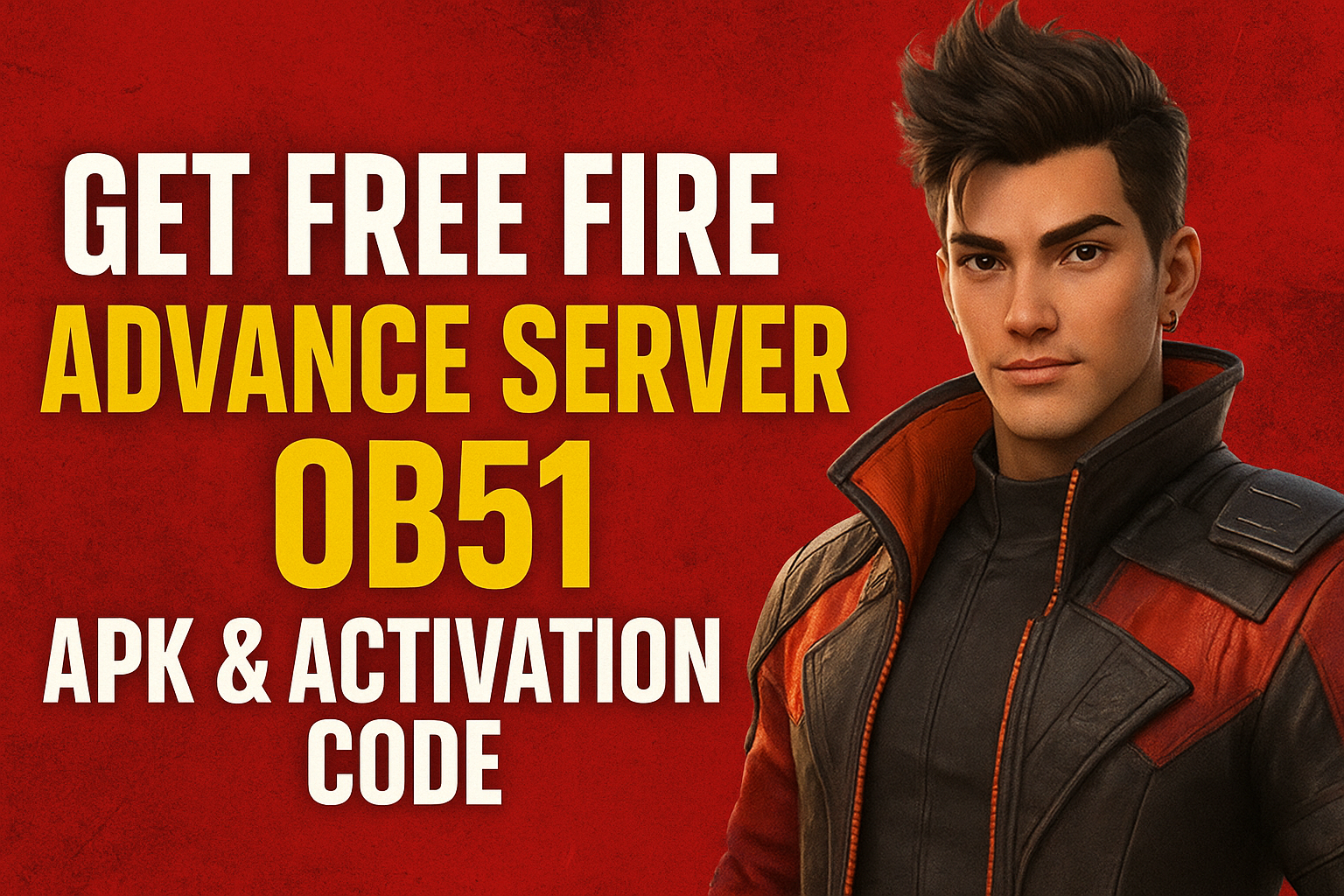 Free Fire Advance Server OB51 APK & Activation Code feature image showing a stylish male game character in red and black outfit with bold title text on a red background.